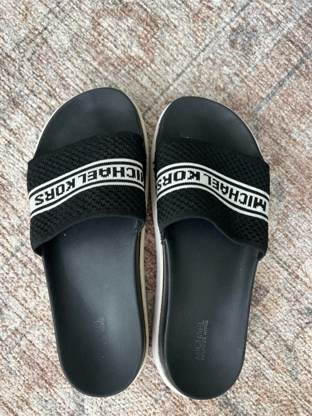 Michael Kors Black & White Logo Knit Slide Sandals